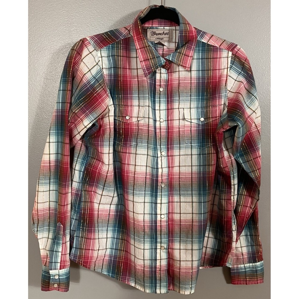 WRANGLER Wrancher Women's Button Up Blouse Plaid‎ Sz L Pink Aqua Gold Western